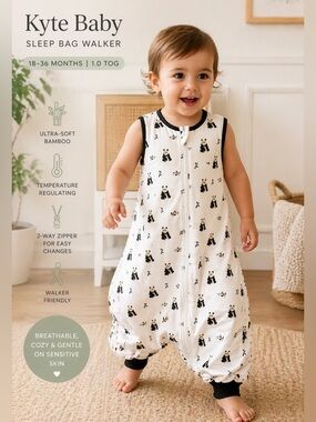 Kyte Baby Panda Sleep Bag Walker 1.0 TOG 18-36M Bamboo Sleep Sack Zip Front